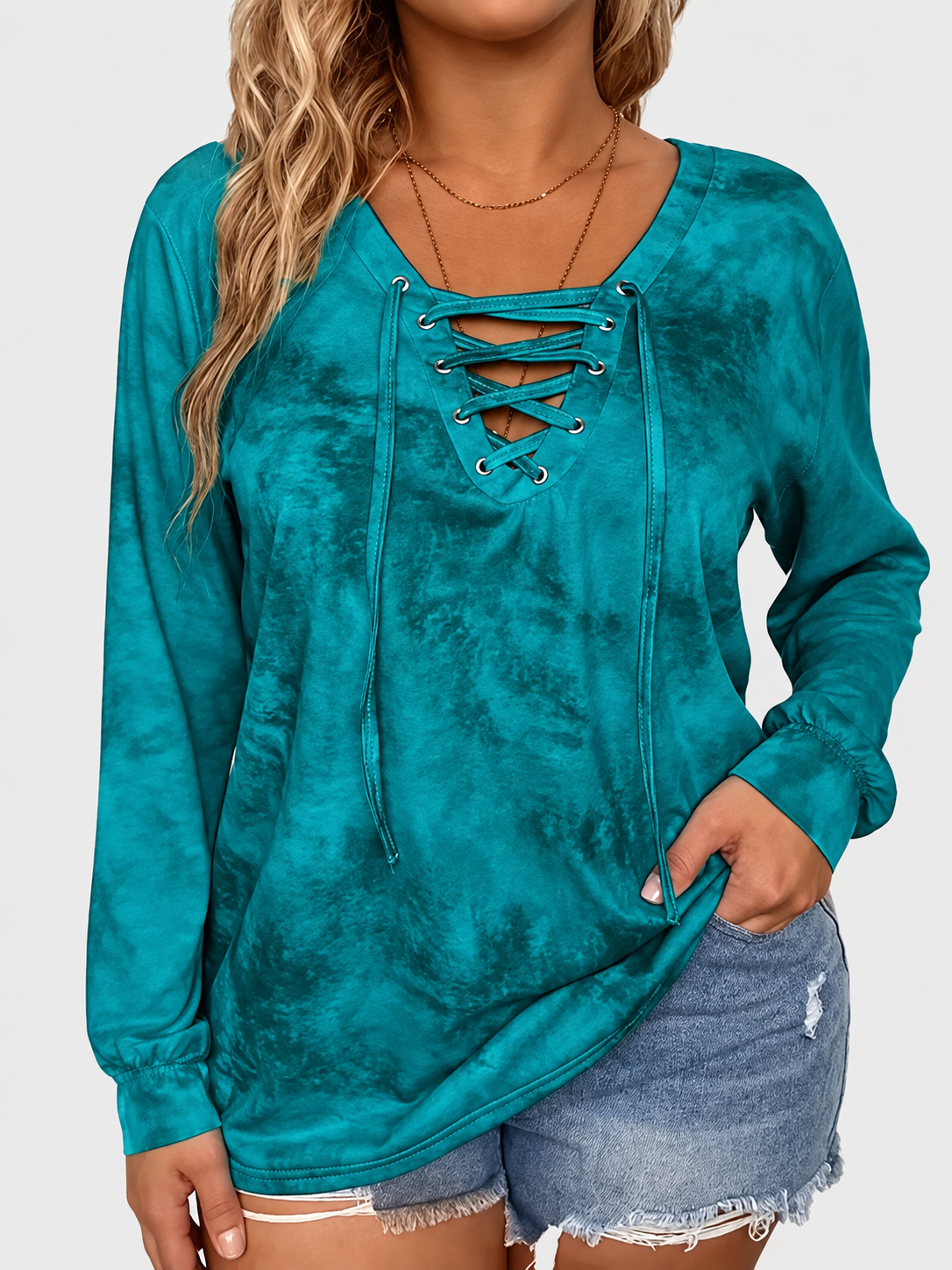 Relaxed Tie-Dye Lace-Up Long Sleeve Blouse