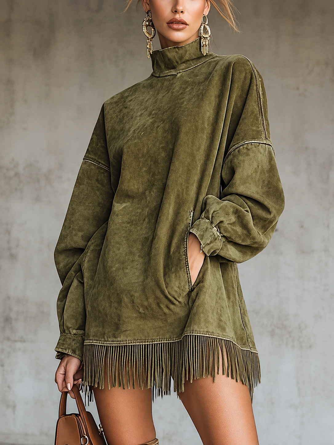 High-Neck Faux-Suede Dress with Fringe Hem