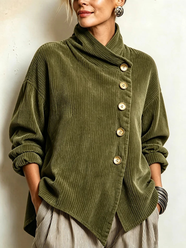 Asymmetric Button-Front Ribbed Knit Jacket