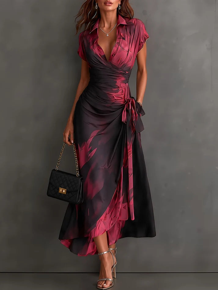 Abstract Print Wrap Midi Dress with Shirt Collar