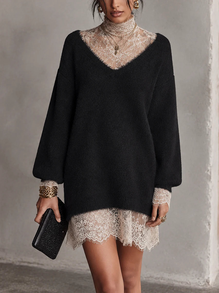 Lace Trim Elegant Knit Mini Dress