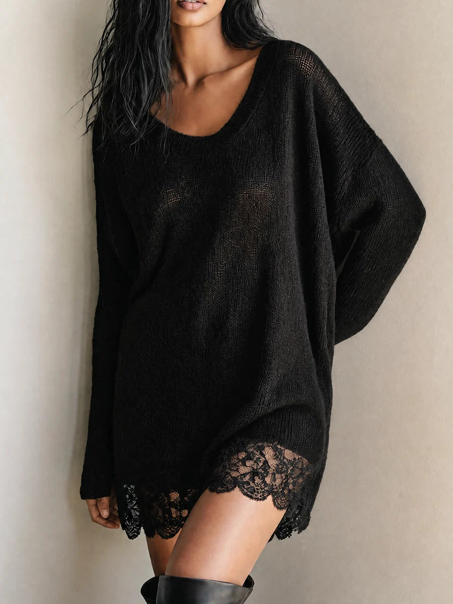 Lightweight U-Neck Knit Mini Dress With Lace Hem