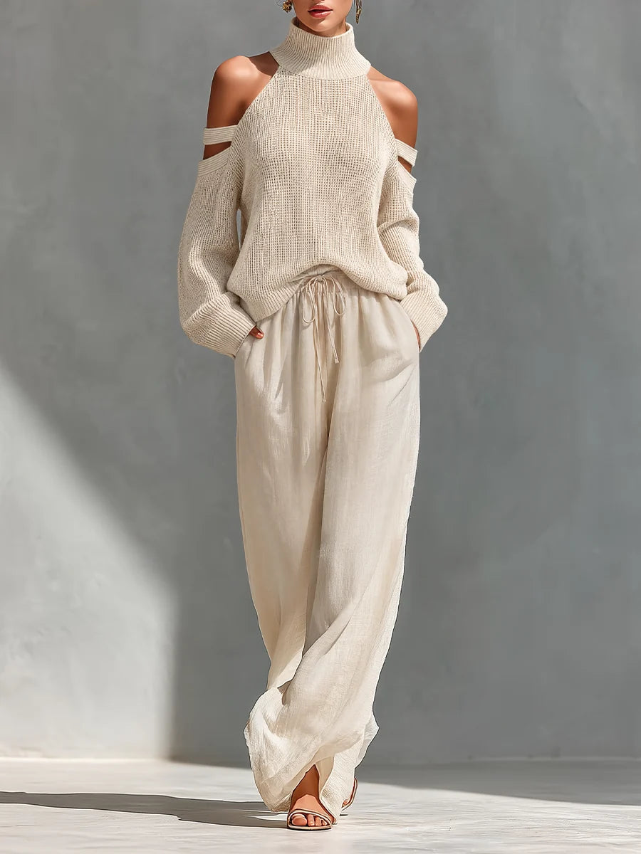 Knit Fabric Cold-Shoulder Turtleneck Top & Wide-Leg Pants Set