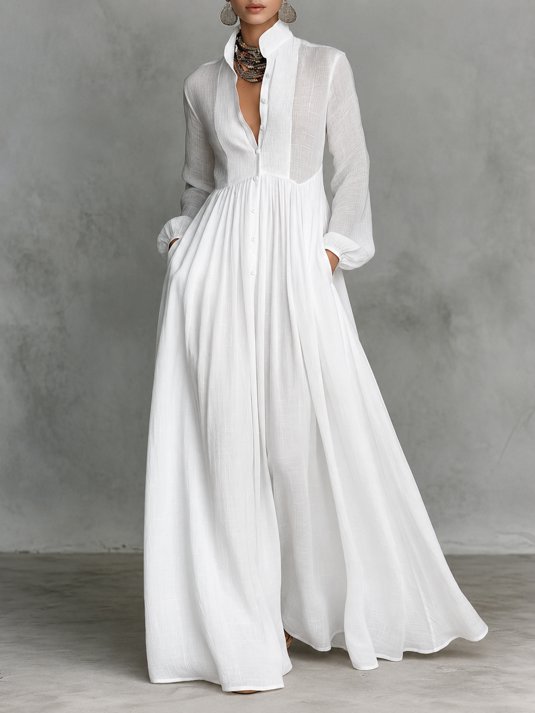 Minimalist Linen Blend Stand Collar Maxi Dress