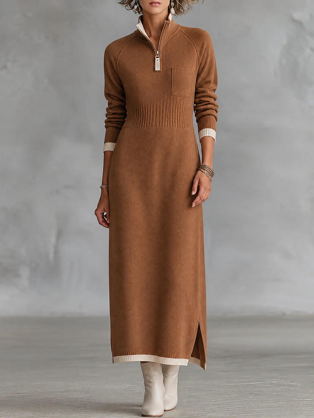 Zip Neck Knit Maxi Dress