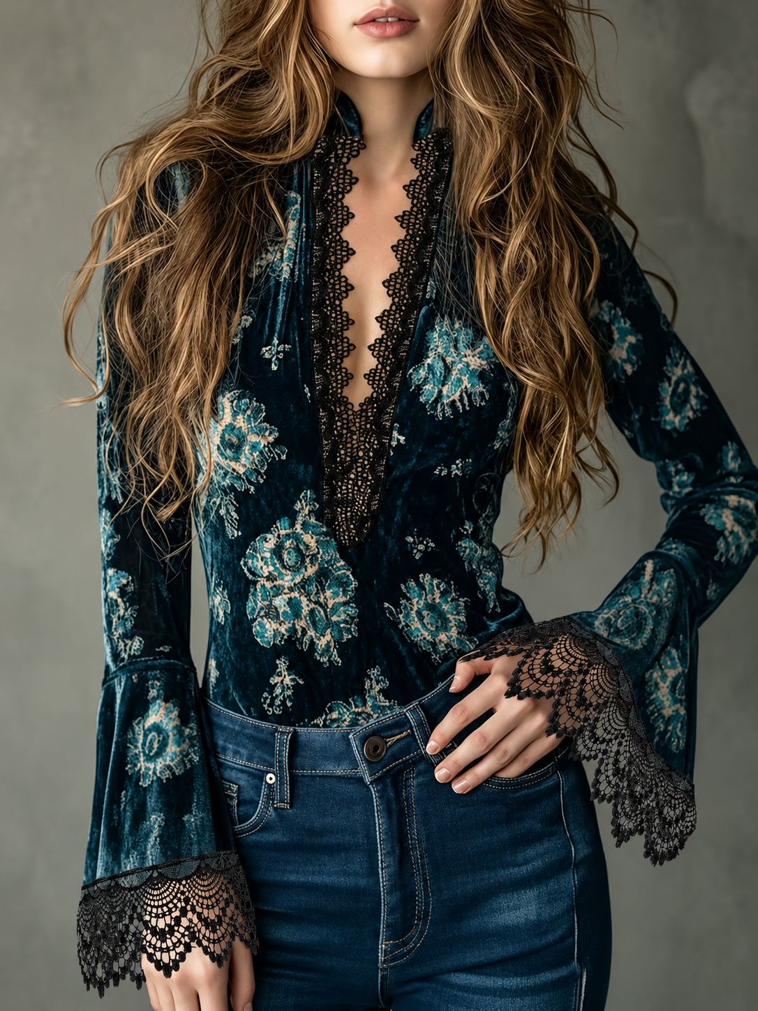 Lace-Trim Floral Velvet Blouse