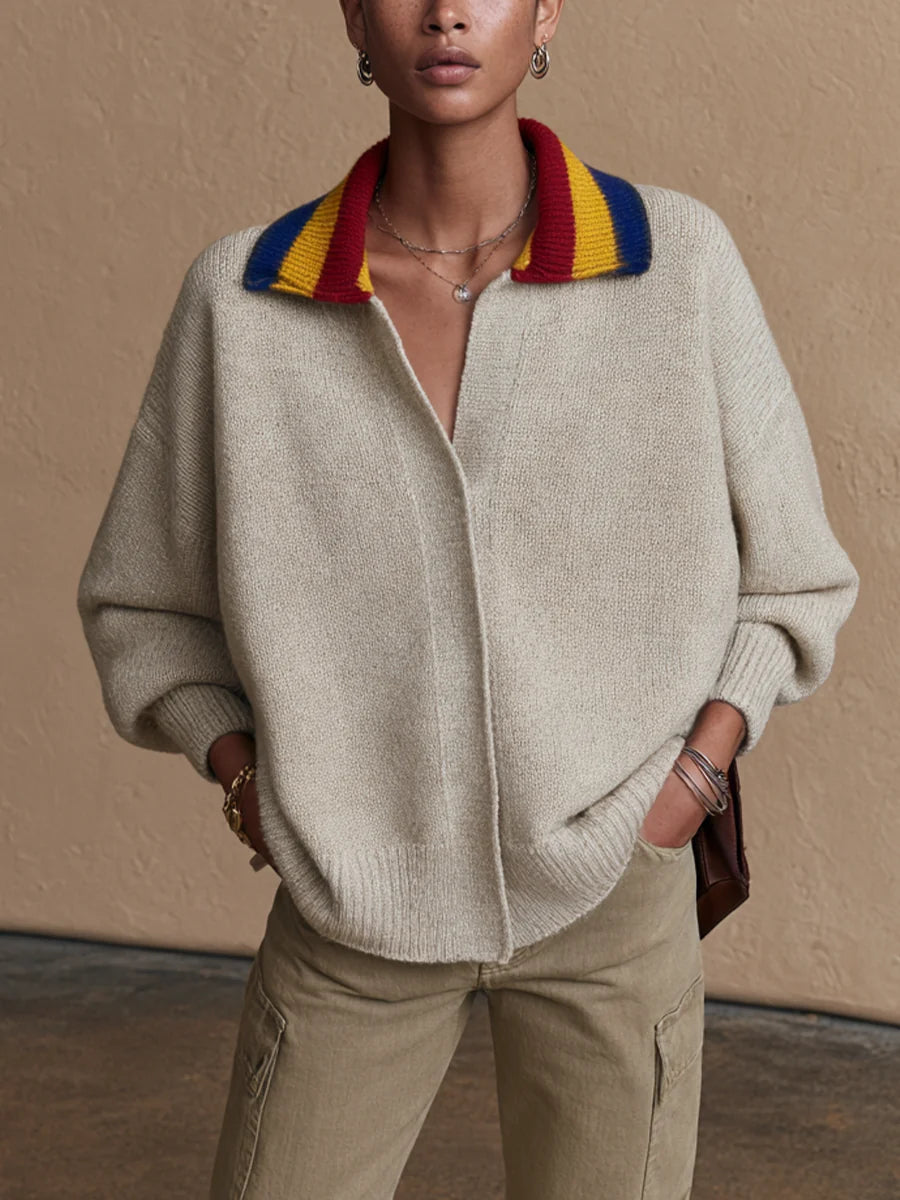 Contrast Stripe Collar Casual Sweater
