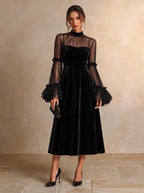 Pleated Black Velvet Midi Dress