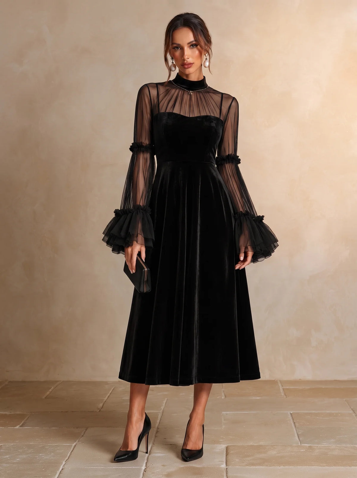 Pleated Black Velvet Midi Dress