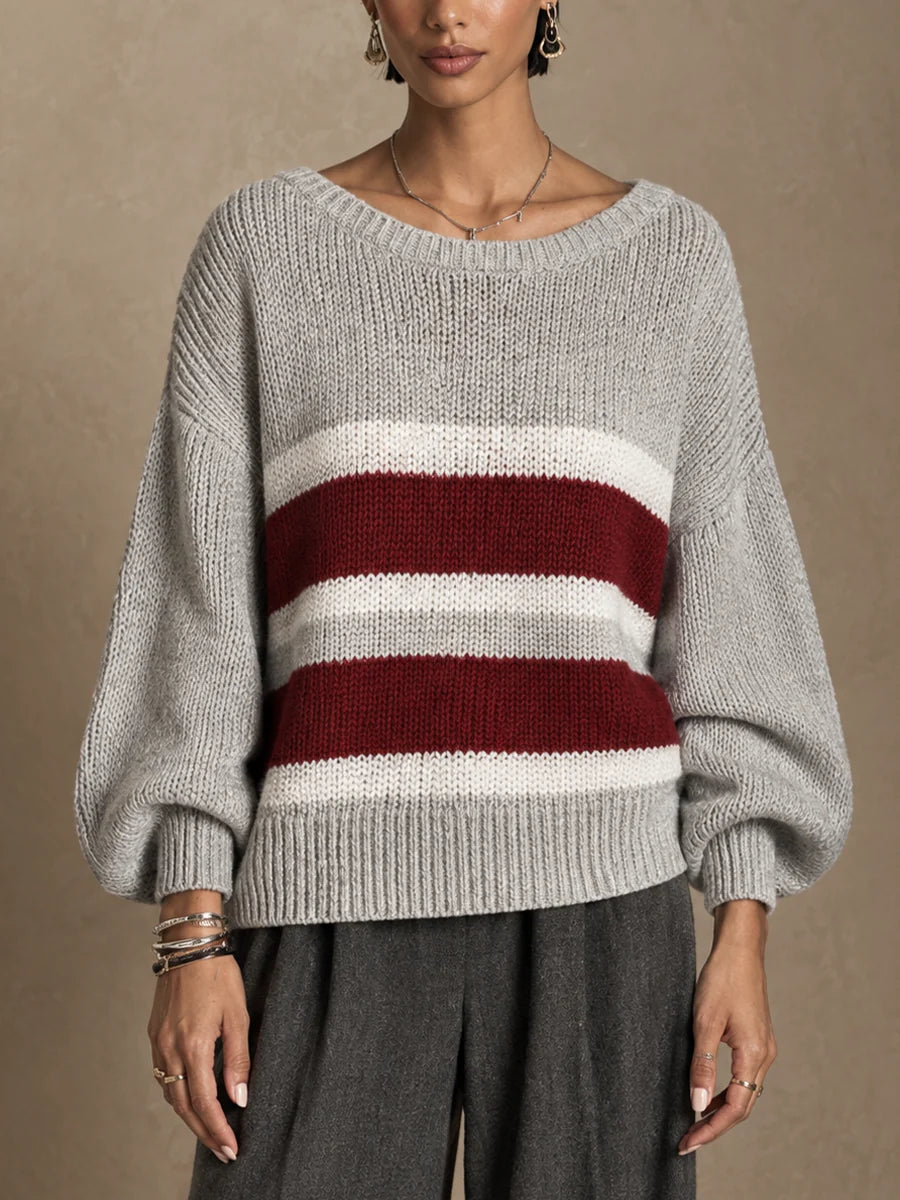 Contrast Stripe Casual Round Neck Pullover Sweater