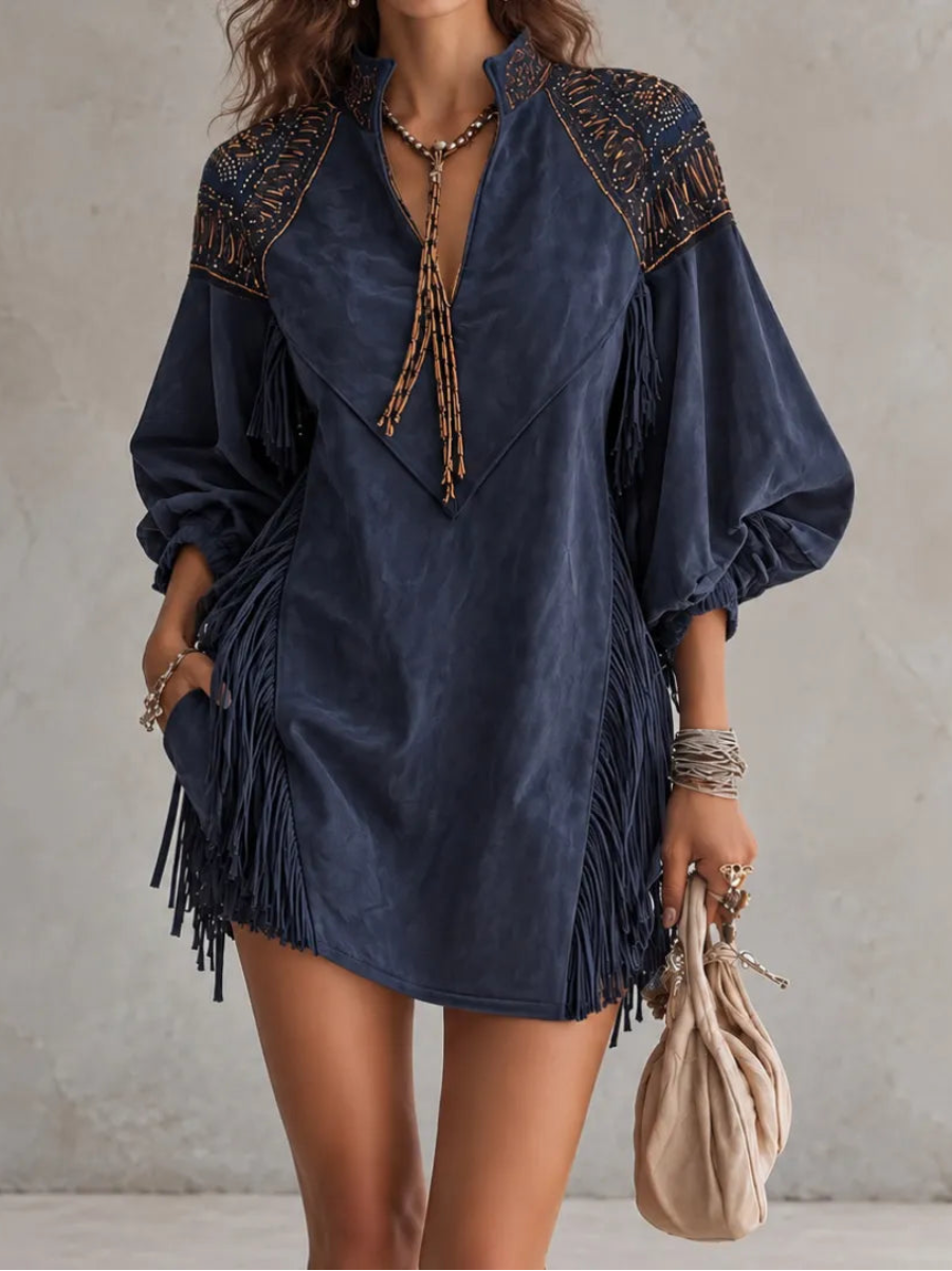 Embroidered Fringe Mini Dress