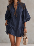 Embroidered Fringe Mini Dress