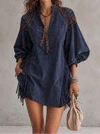 Embroidered Fringe Mini Dress
