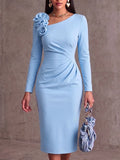 Solid Color Asymmetrical Neckline 3d Rose Long Sleeve Casual Loose Dress