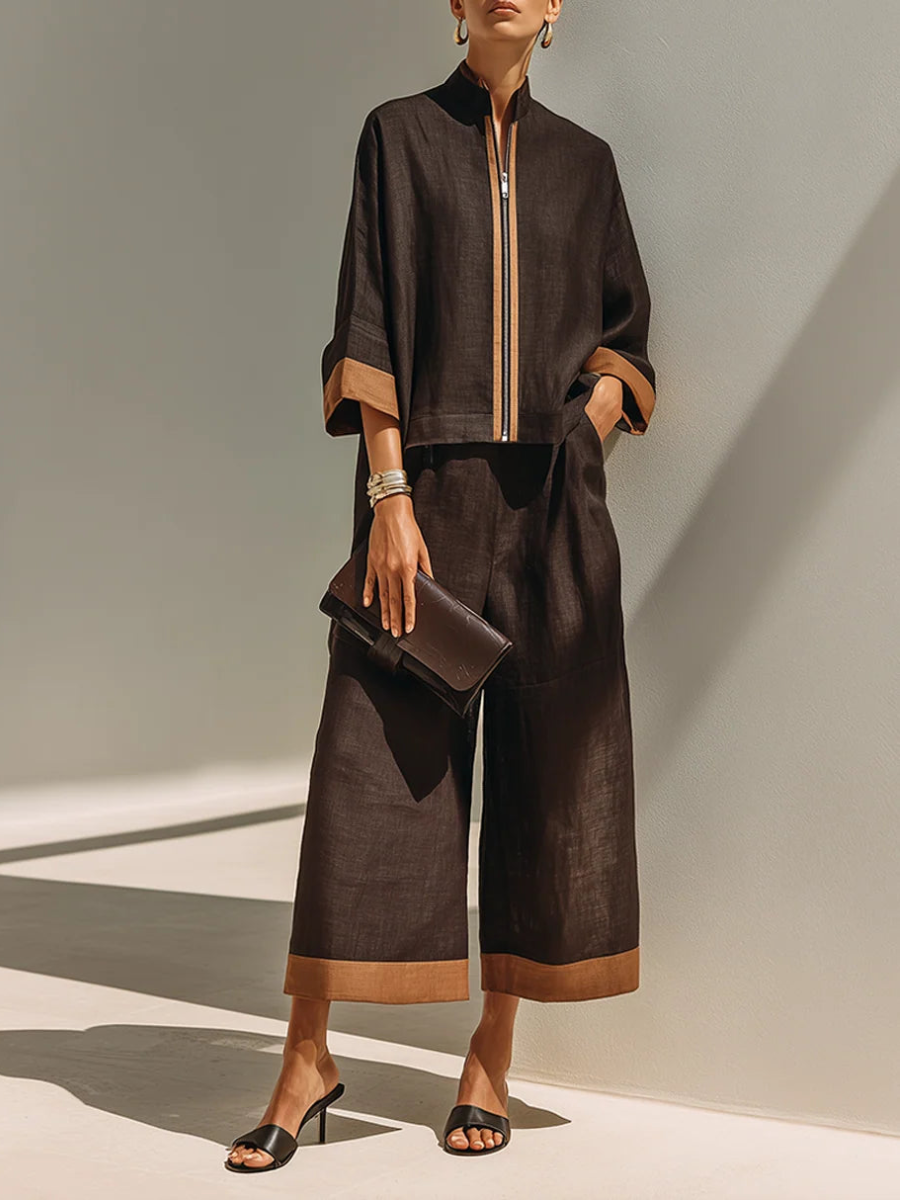 Contrast Trim Linen Set