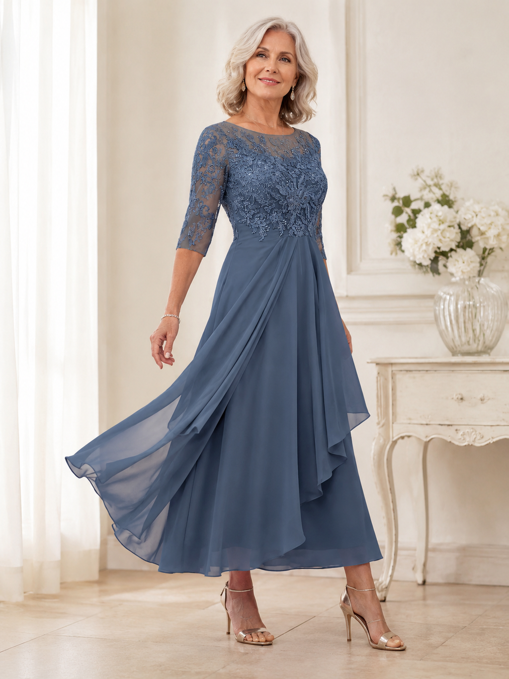 Elegant Lace Half-Sleeve Wedding Guest Midi Dress