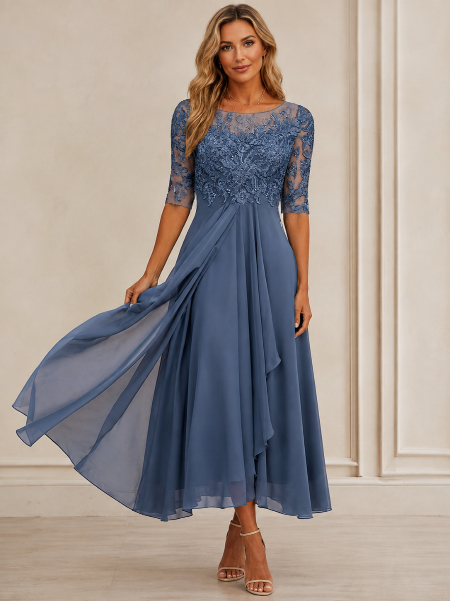 Elegant Lace Half-Sleeve Wedding Guest Midi Dress