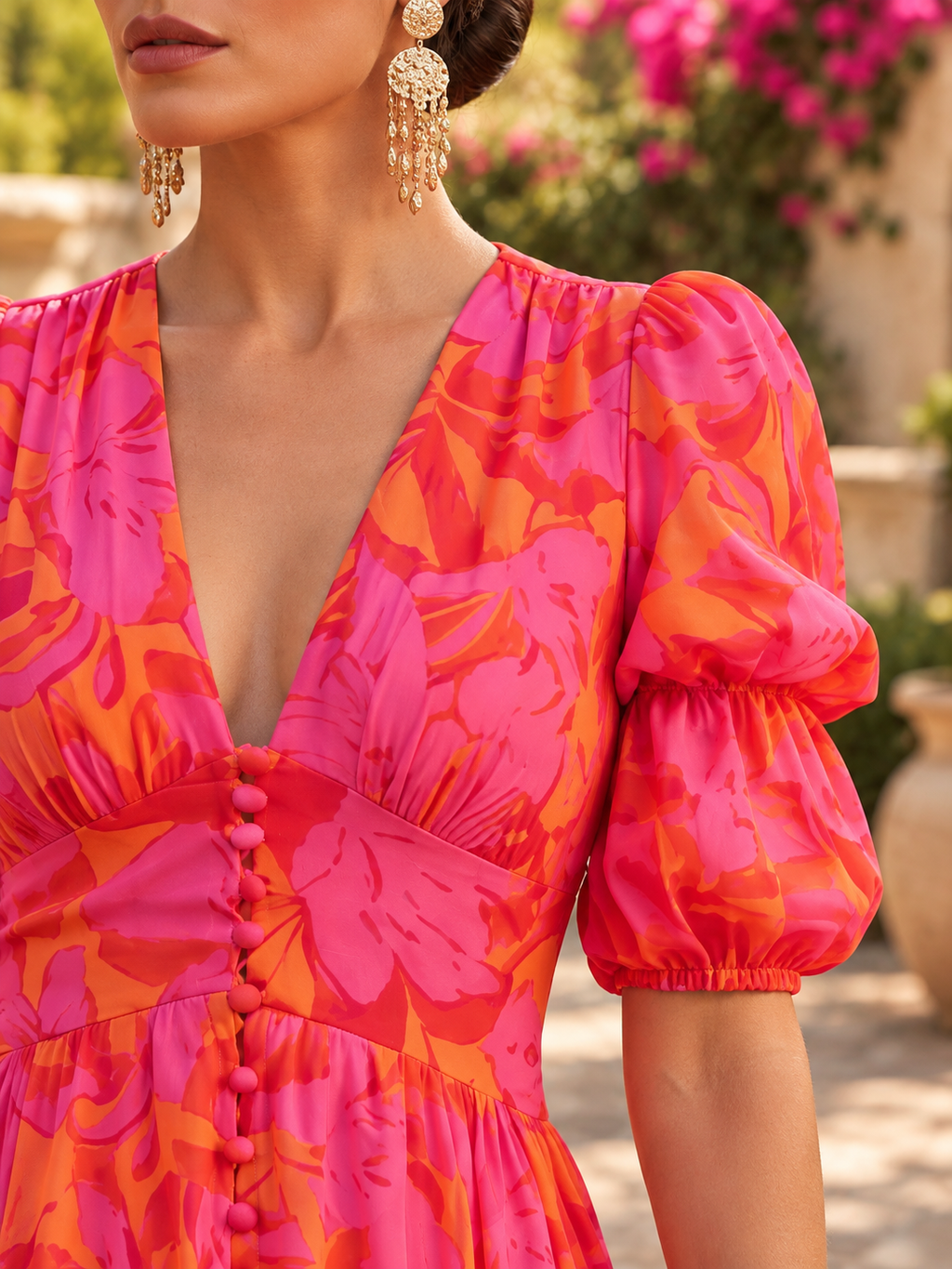 Elegant Floral Maxi Dress with Puff Sleeves