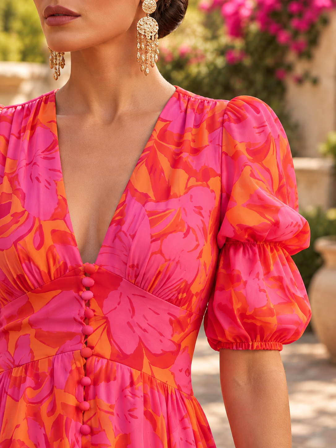 Elegant Floral Maxi Dress with Puff Sleeves