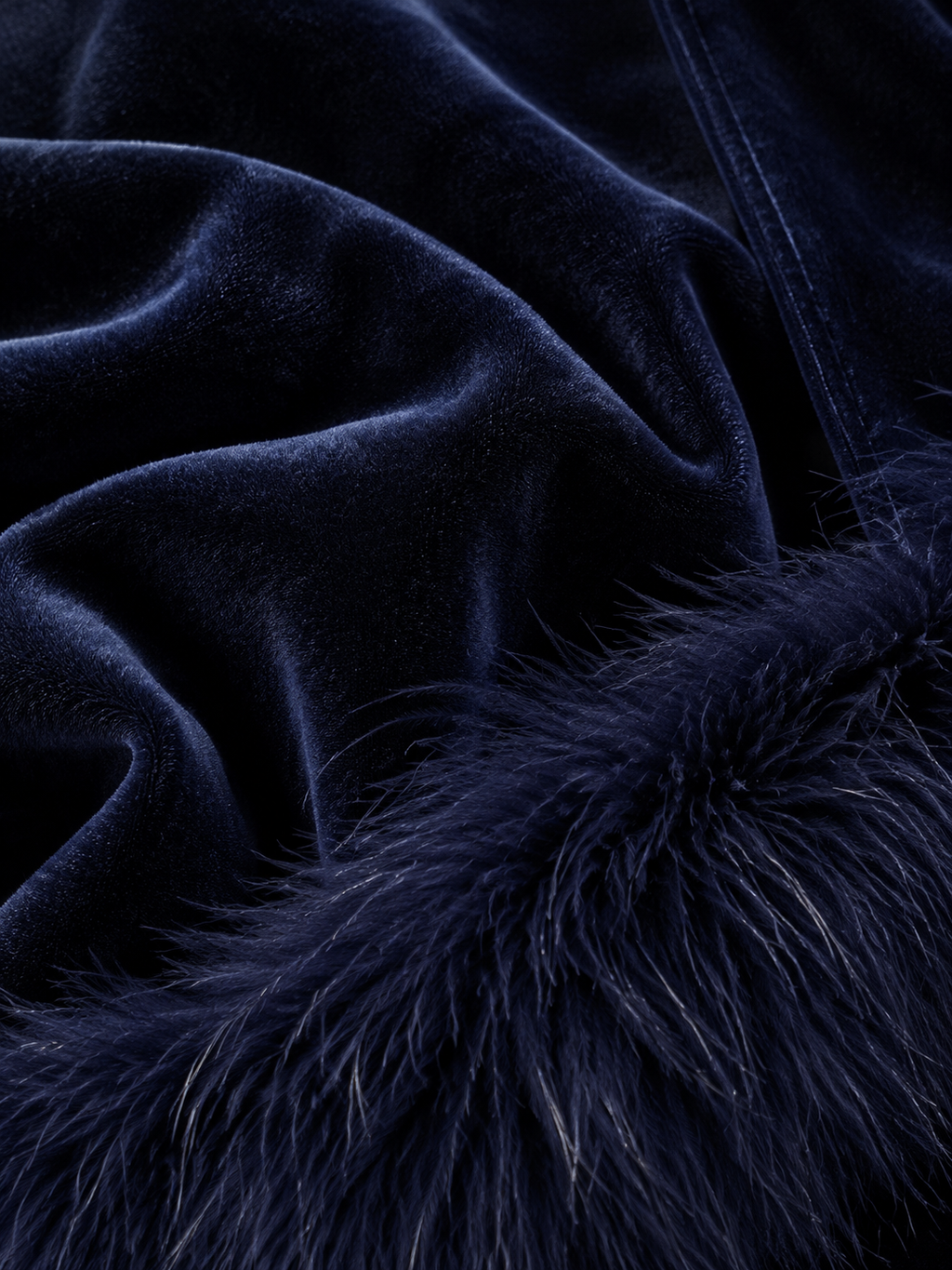 Navy Velvet Artificial Fur Trim Notch-Neck Drop-Shoulder Top And Wide-Leg Trousers Set