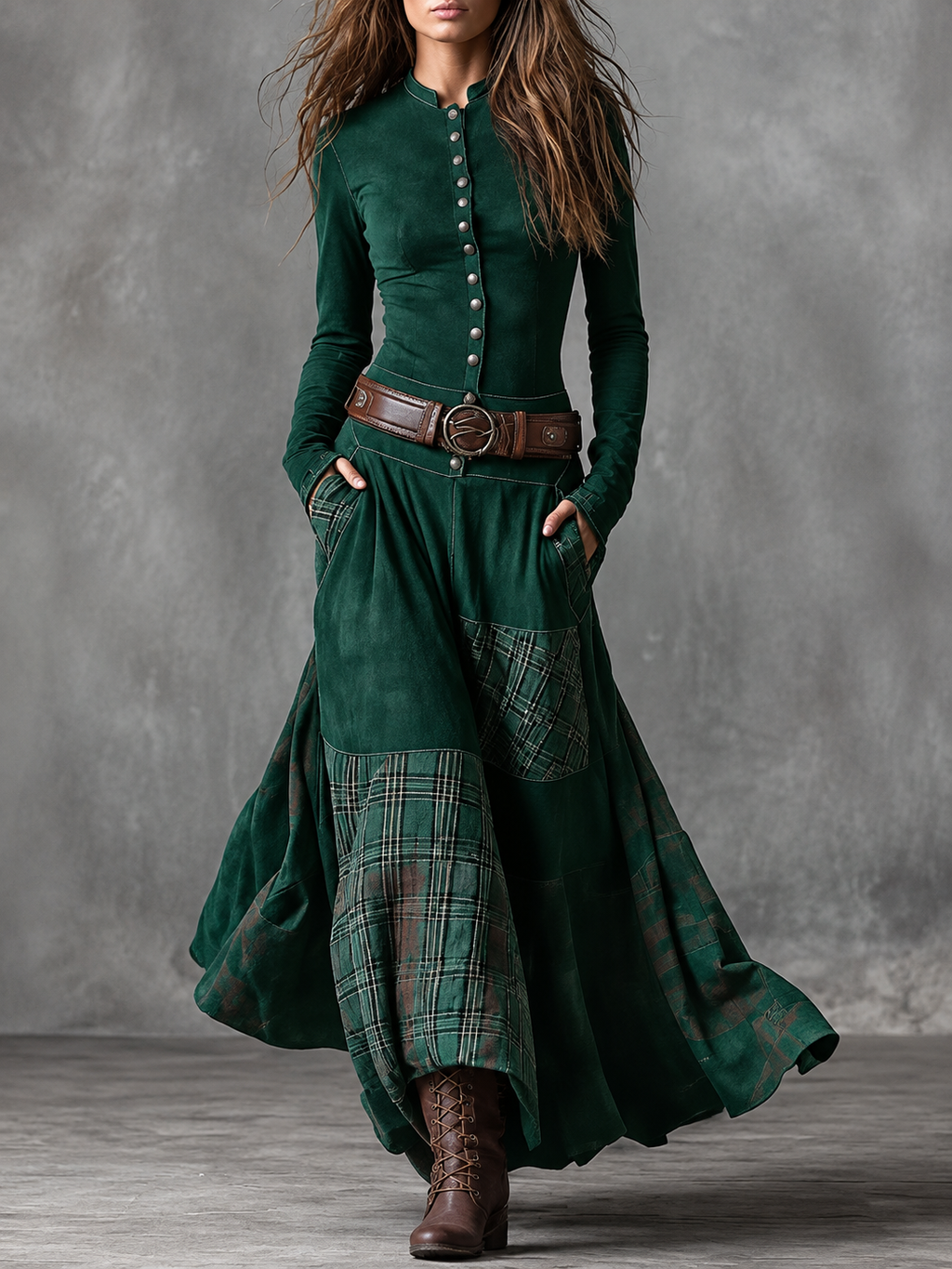 Vintage Plaid Patchwork Maxi Dress