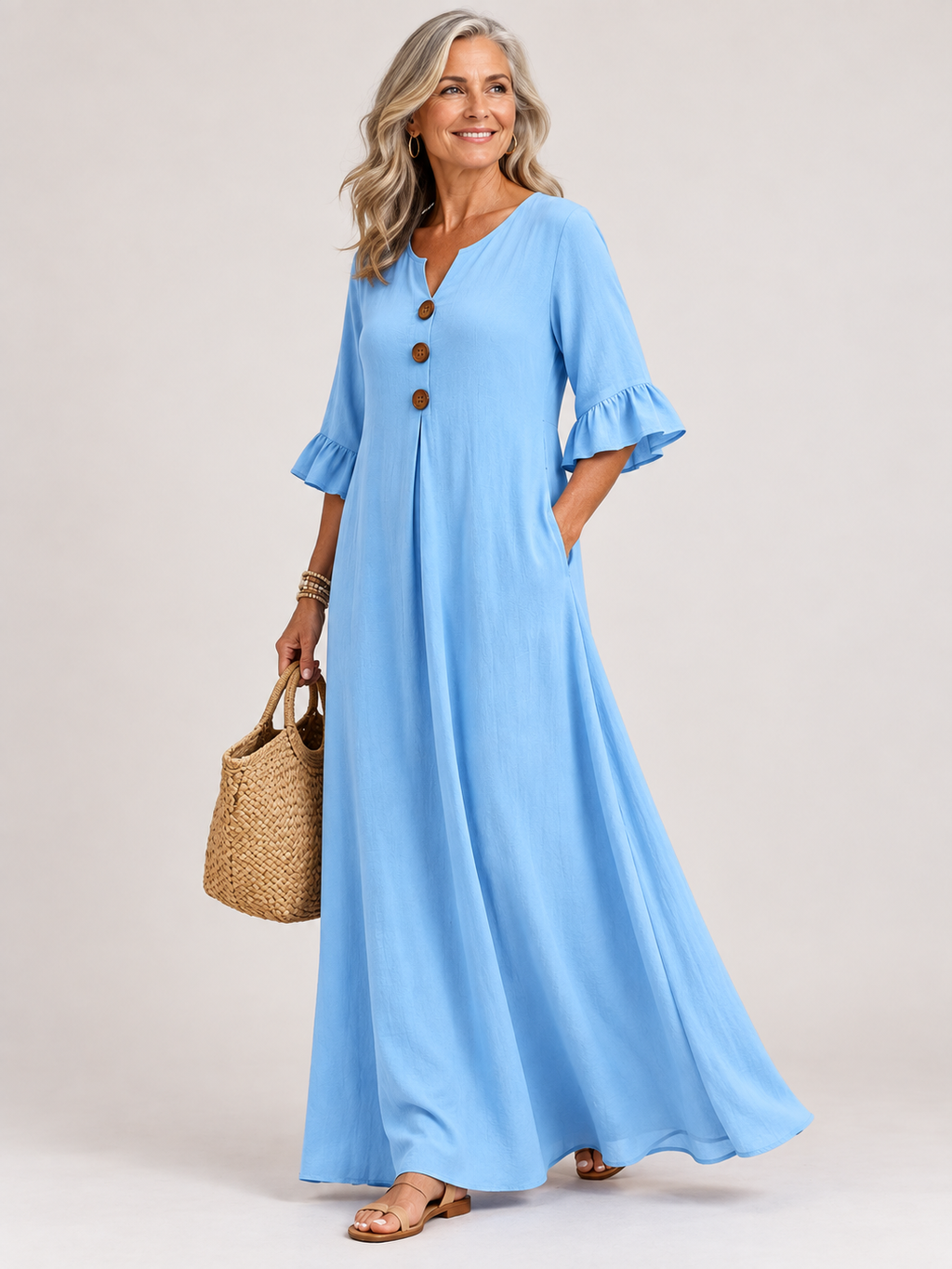 Sukienka maxi o kroju litery A w stylu boho z drewnianymi guzikami i falbanką