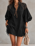 Embroidered Fringe Mini Dress