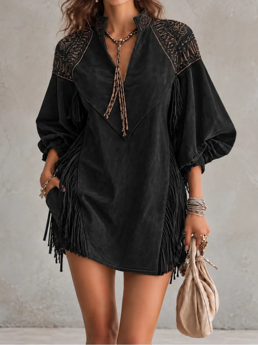 Embroidered Fringe Mini Dress