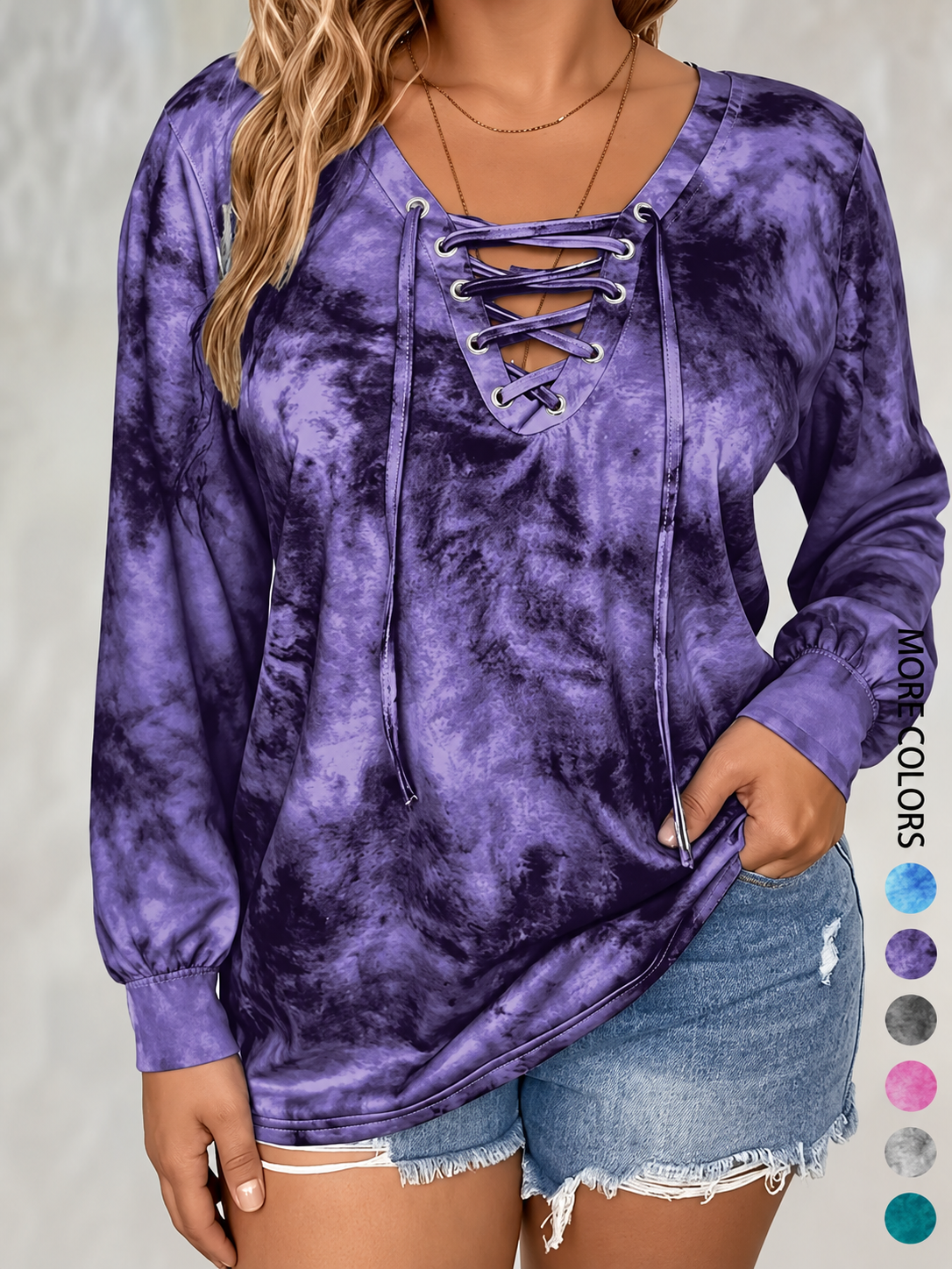 Relaxed Tie-Dye Lace-Up Long Sleeve Blouse