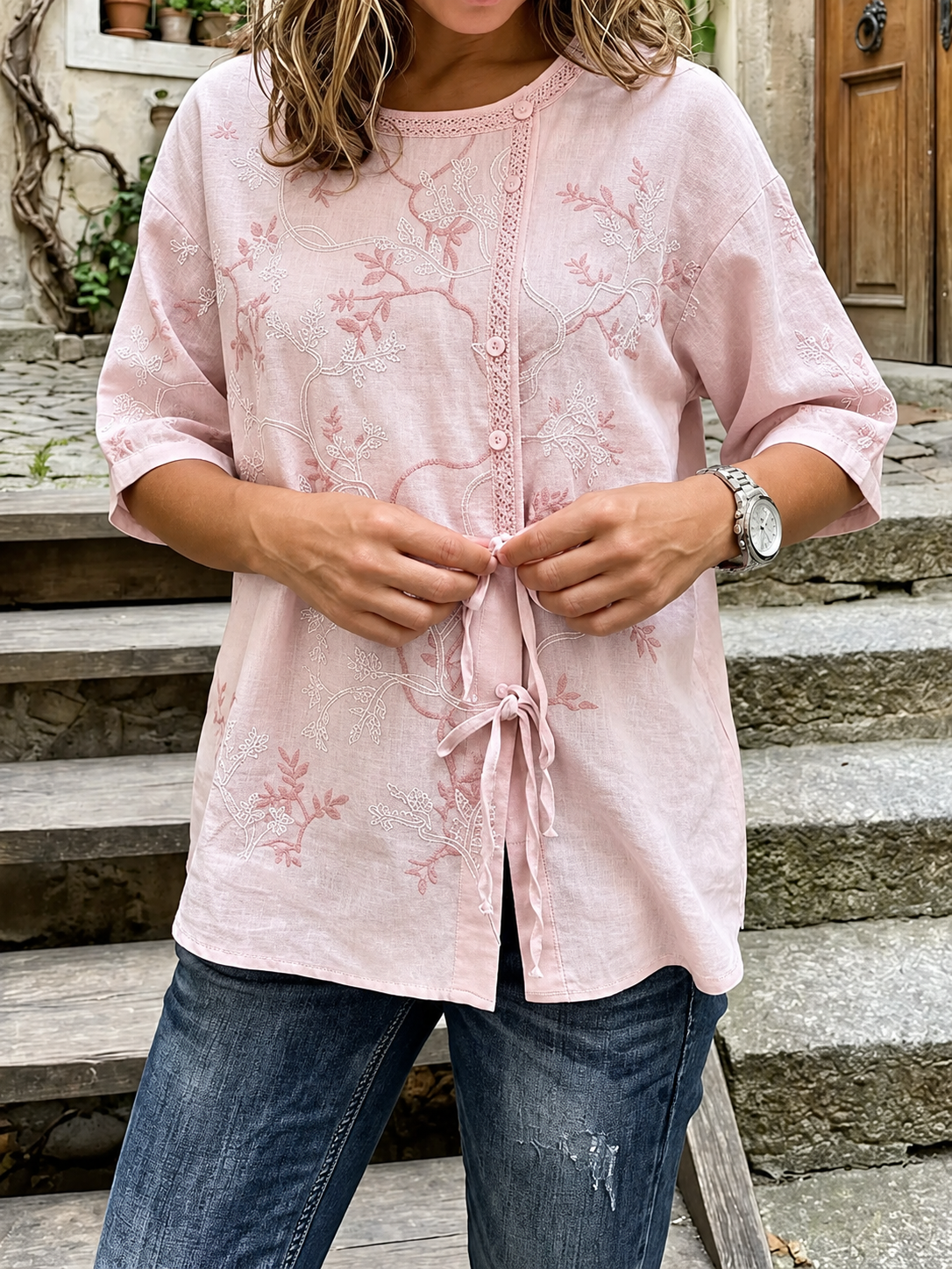 Floral Embroidery Lace-Trim Half Sleeve Blouse