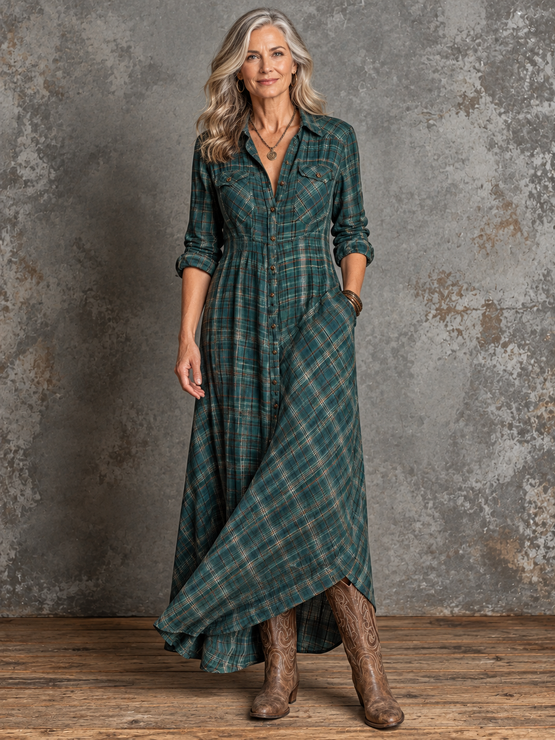 Long Plaid Button-Front Shirt Dress
