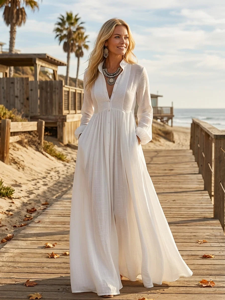Minimalist Linen Blend Stand Collar Maxi Dress