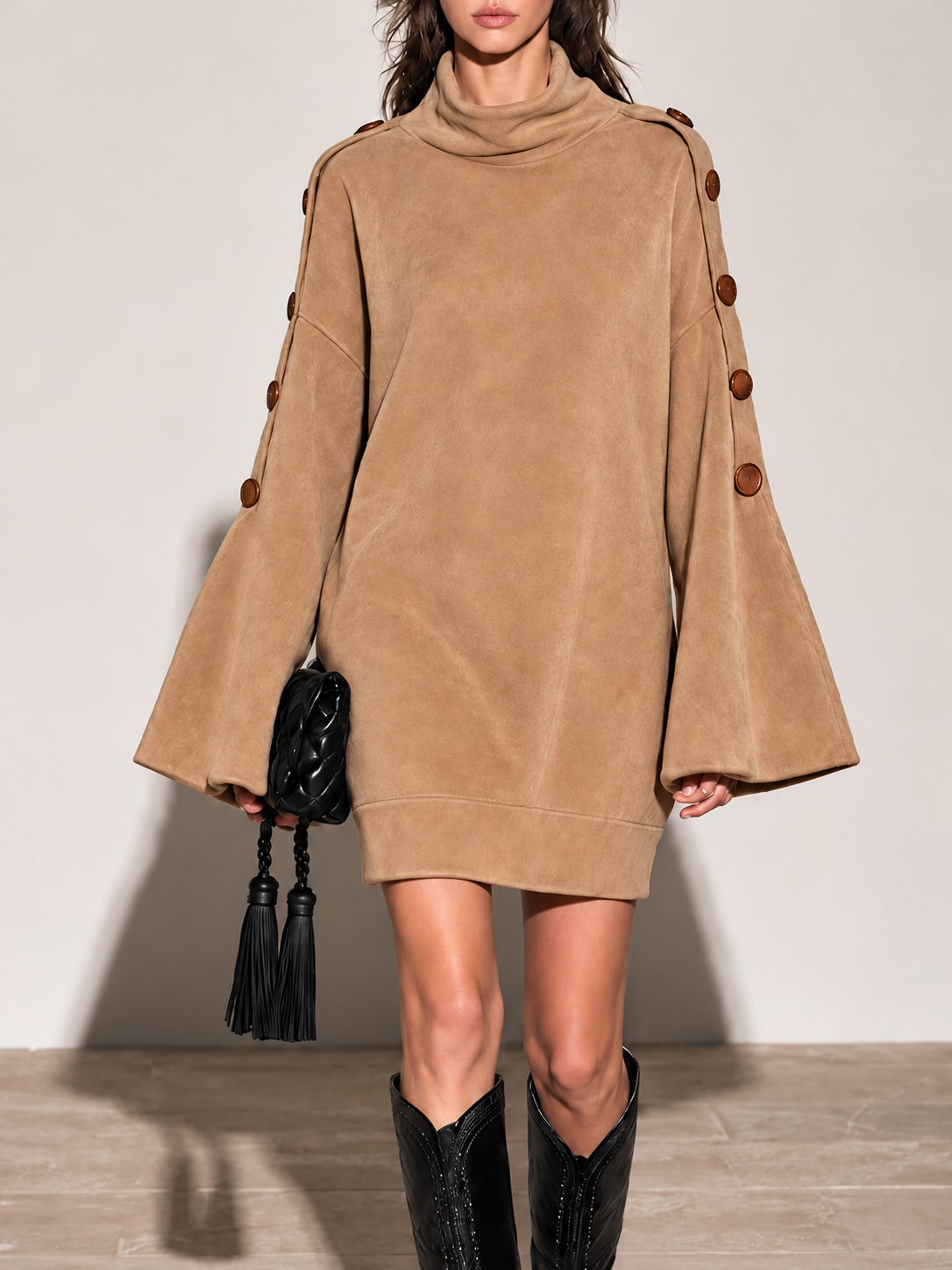 Camel Faux Suede Turtleneck Mini Dress