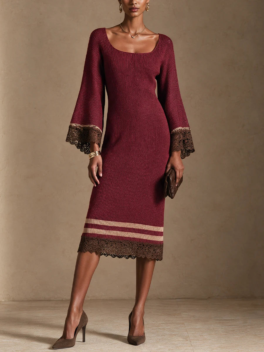 Contrast Lace Panel Elegant Knit Midi Dress