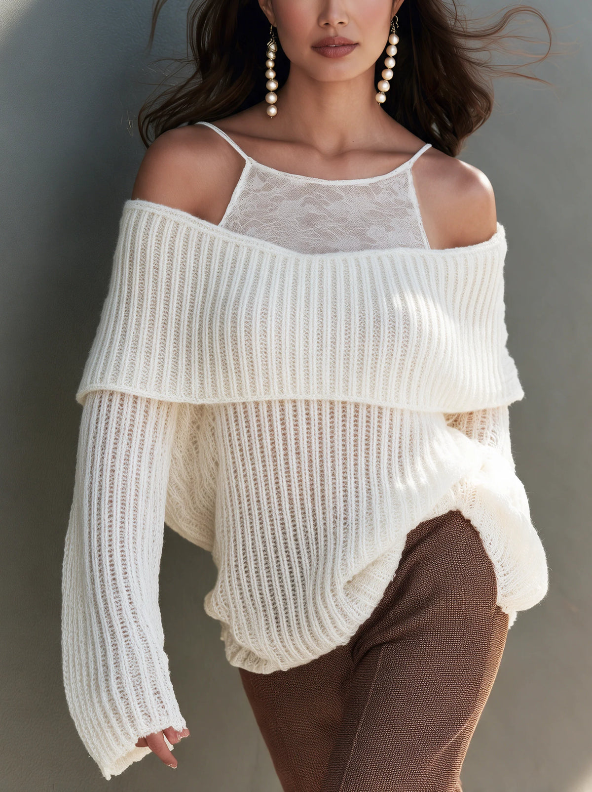 Casual White Knit Off-The-Shoulder Sweater With Lace Paneling