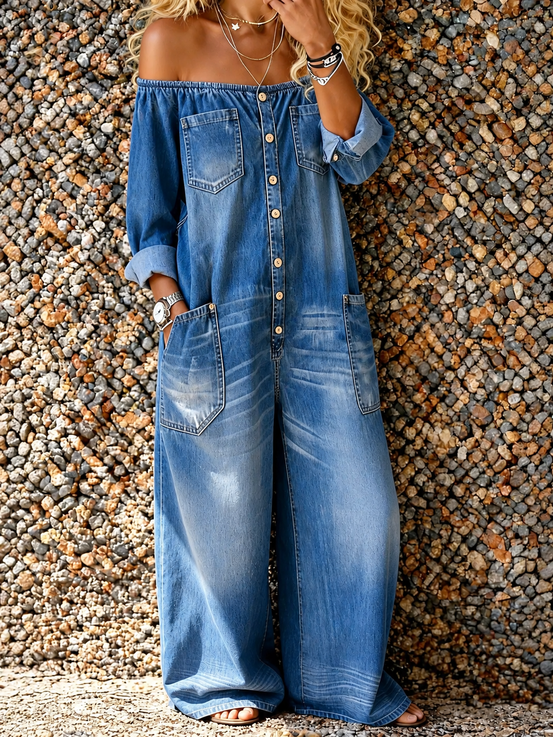 Off-Shoulder Denim Jumpsuit