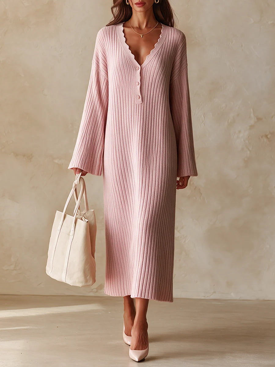 Ribbed Knit Long-Sleeve V-Neck Dress