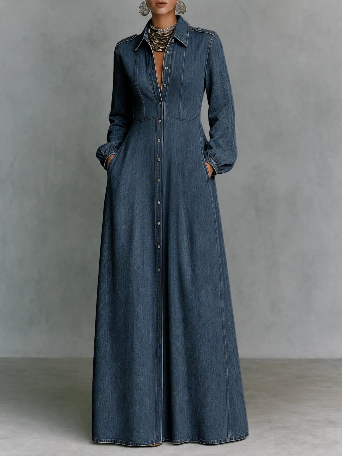Denim Button Front Maxi Dress