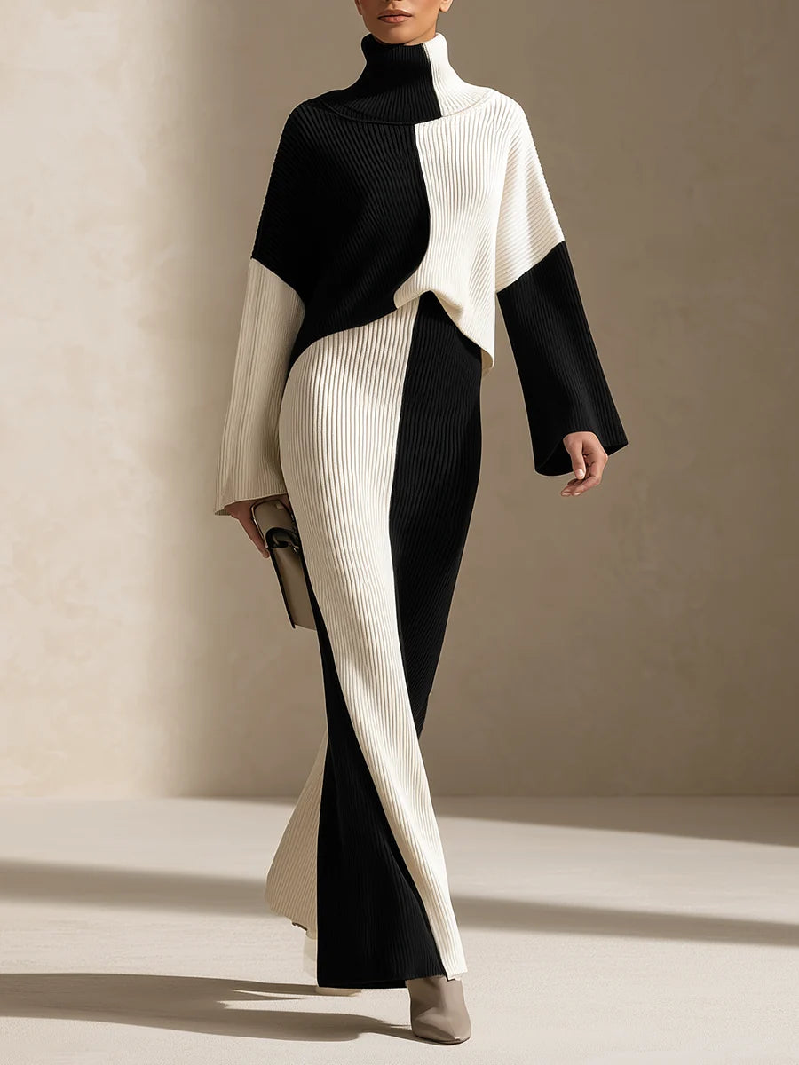 Colorblock Ribbed Knit Black White Maxi Set