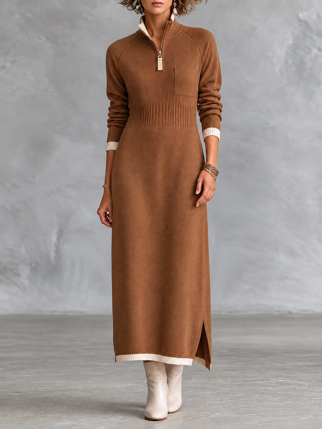 Zip Neck Knit Maxi Dress
