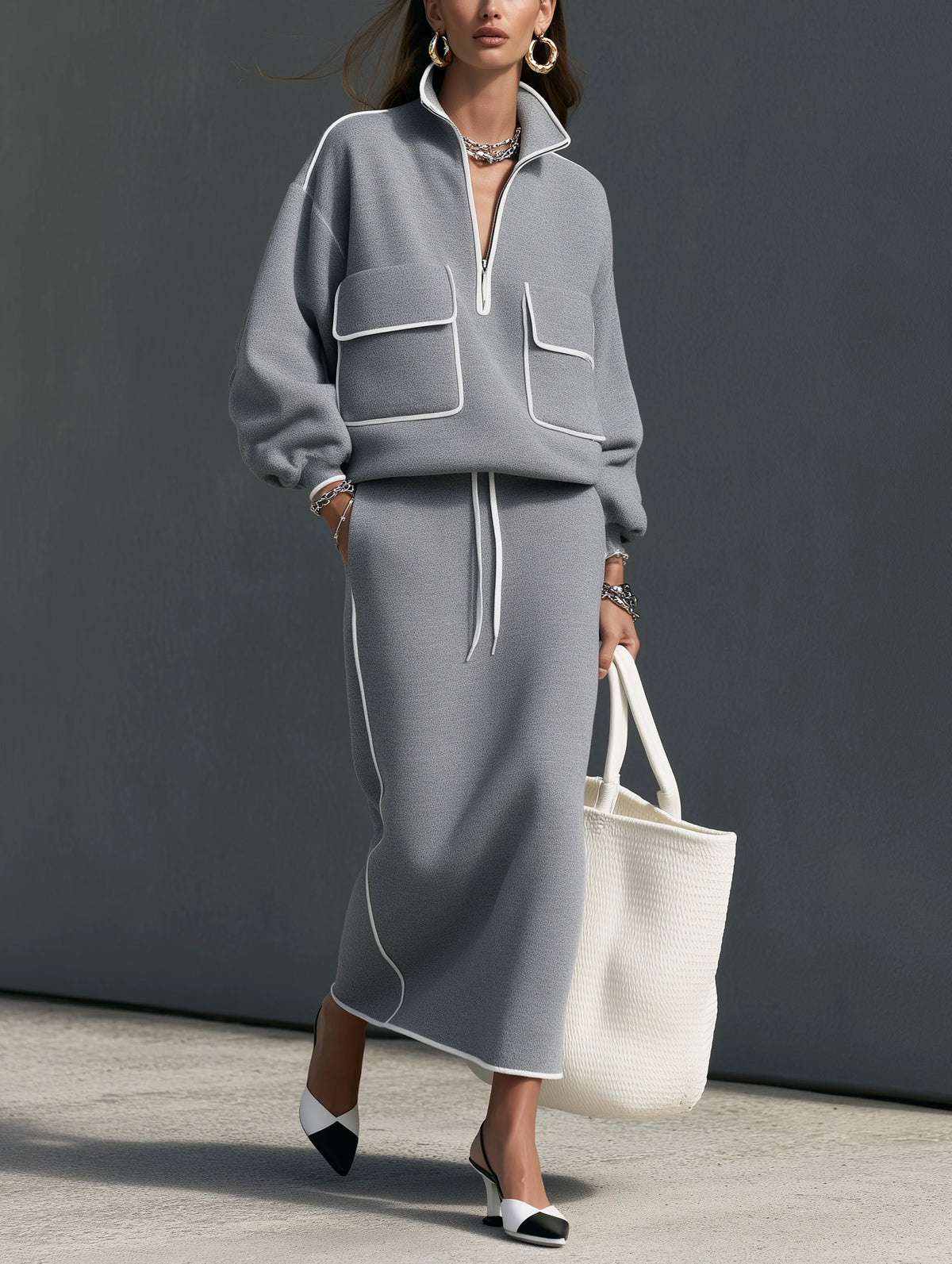 Casual Grey Scuba-Knit Long-Sleeve Top And Skirt Two-Piece Set