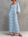 Minimalist Striped Square-Neck Long-Sleeve Maxi Sweater Dress