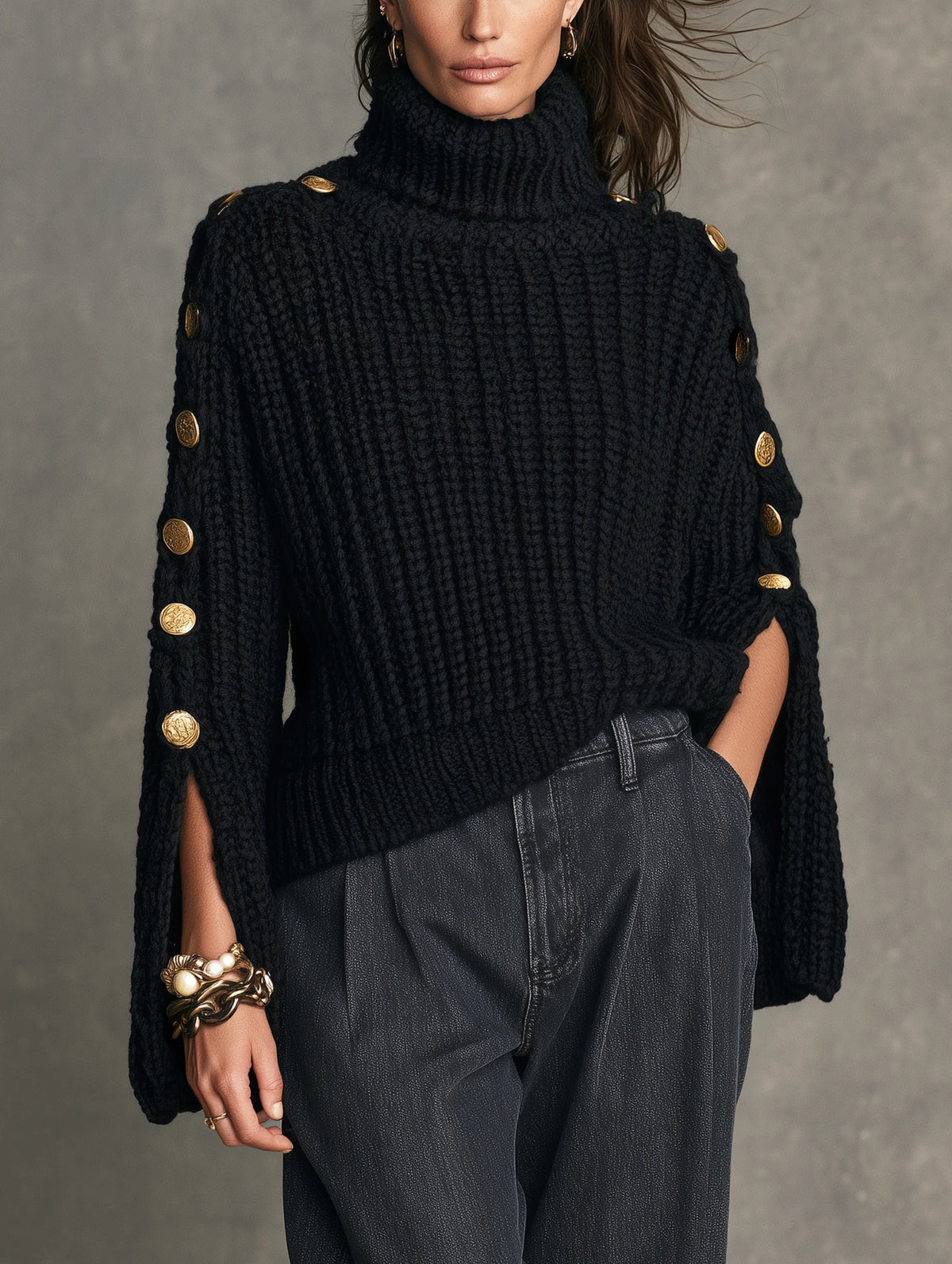 Black Long-sleeve Turtleneck Knit Sweater
