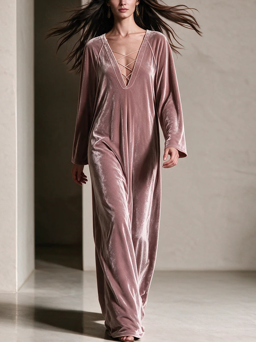 Velvet Criss‑Cross V‑Neck Maxi Kaftan