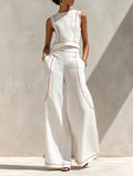 Contrast Trim Sleeveless Top & Wide-Leg Pants Set