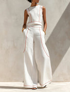 Contrast Trim Sleeveless Top & Wide-Leg Pants Set