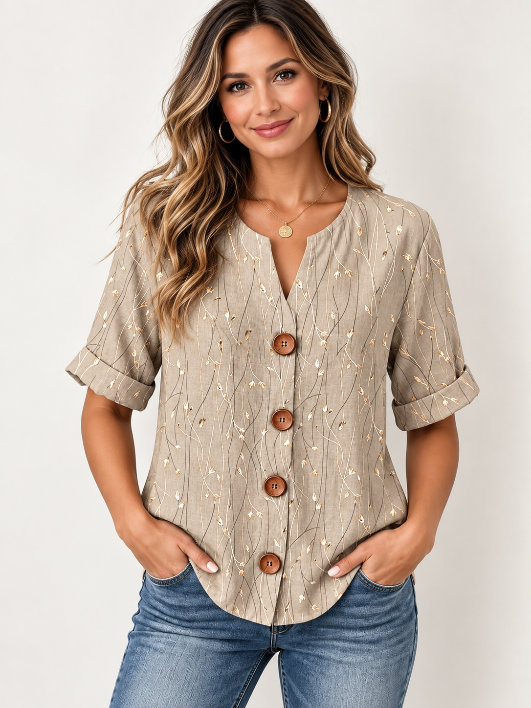 Botanical Print Button-Front Split-Neck Blouse