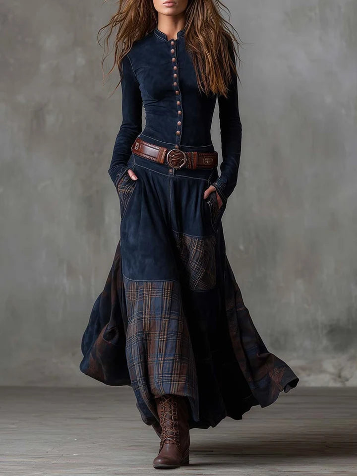 Vintage Plaid Patchwork Maxi Dress