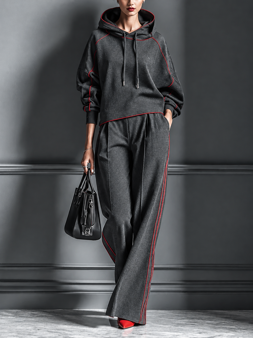 Contrast Piping Hoodie Wide-Leg Two-Piece Set