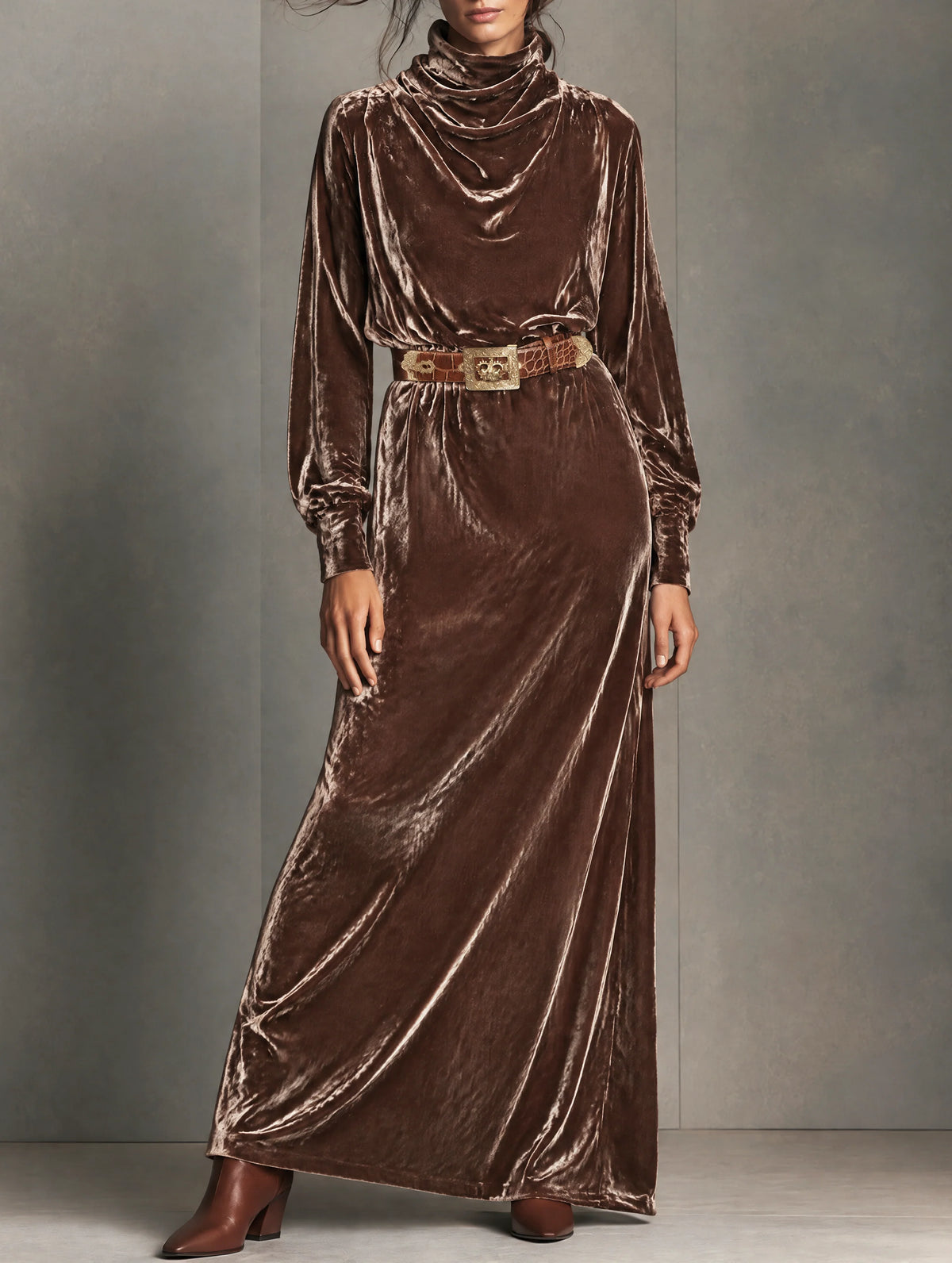 Vintage Velvet Long-Sleeve Dress With Cowl Neck (Belt Not Included)